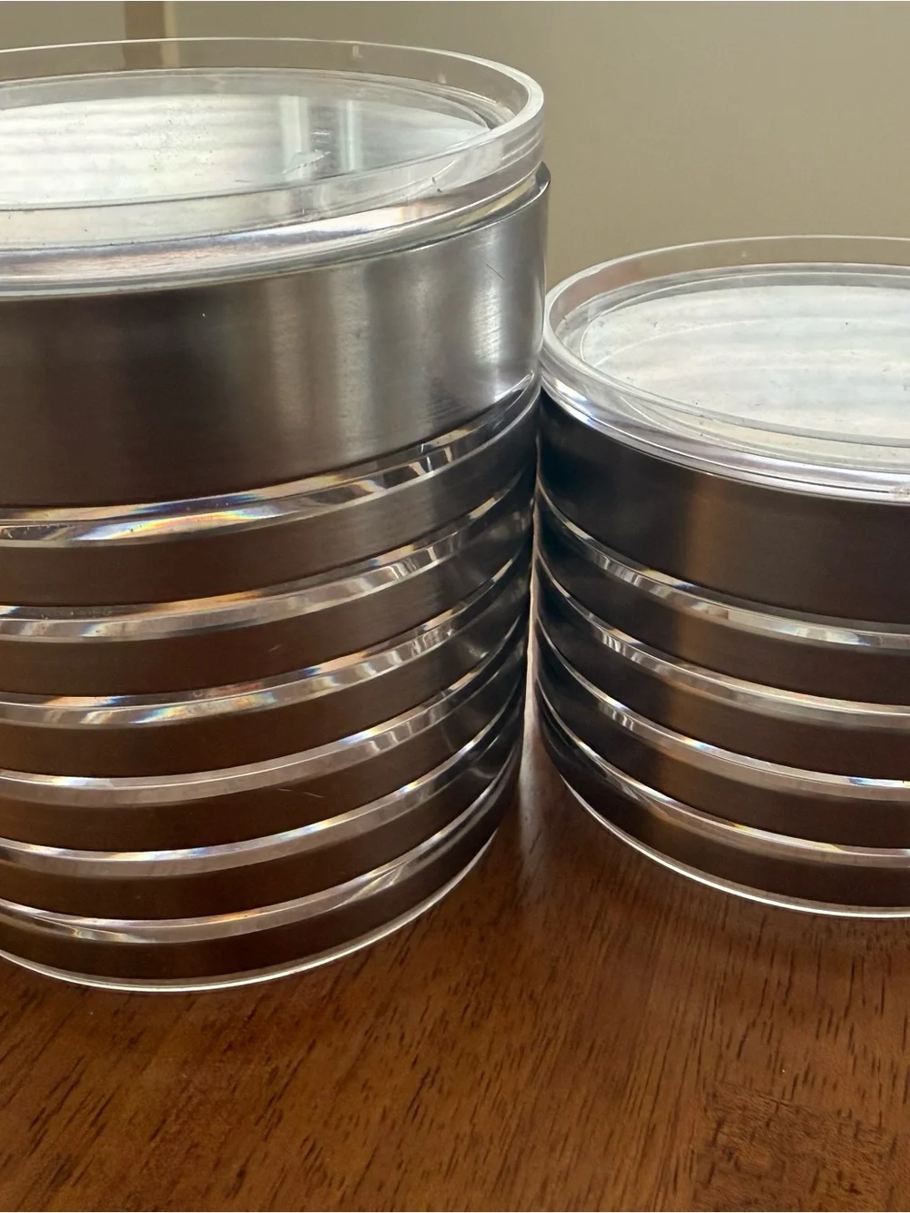 Set of Clear Top Silver Stackable Storage Canister Tins